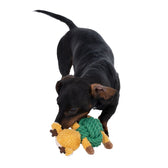 Black dog playing with yellow-green fabric animal-shaped toy.