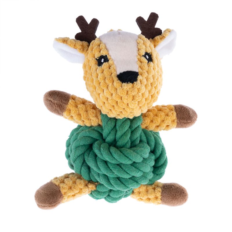Toy in the shape of a yellow deer with a green knotted centre, made of fabric and rope material.