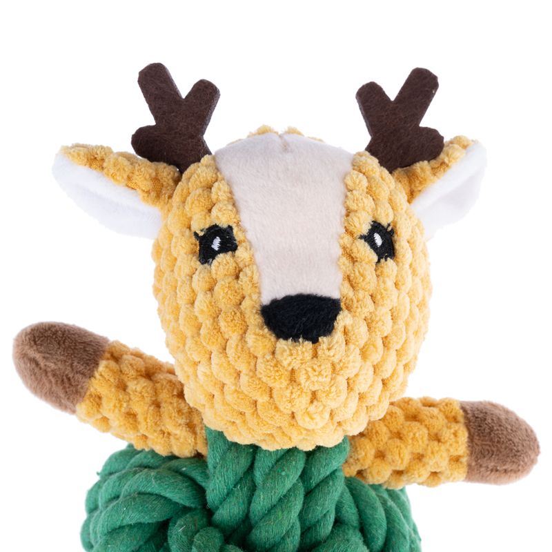 Plush toy shaped like a yellow deer with brown antlers and green rope knots as the body.