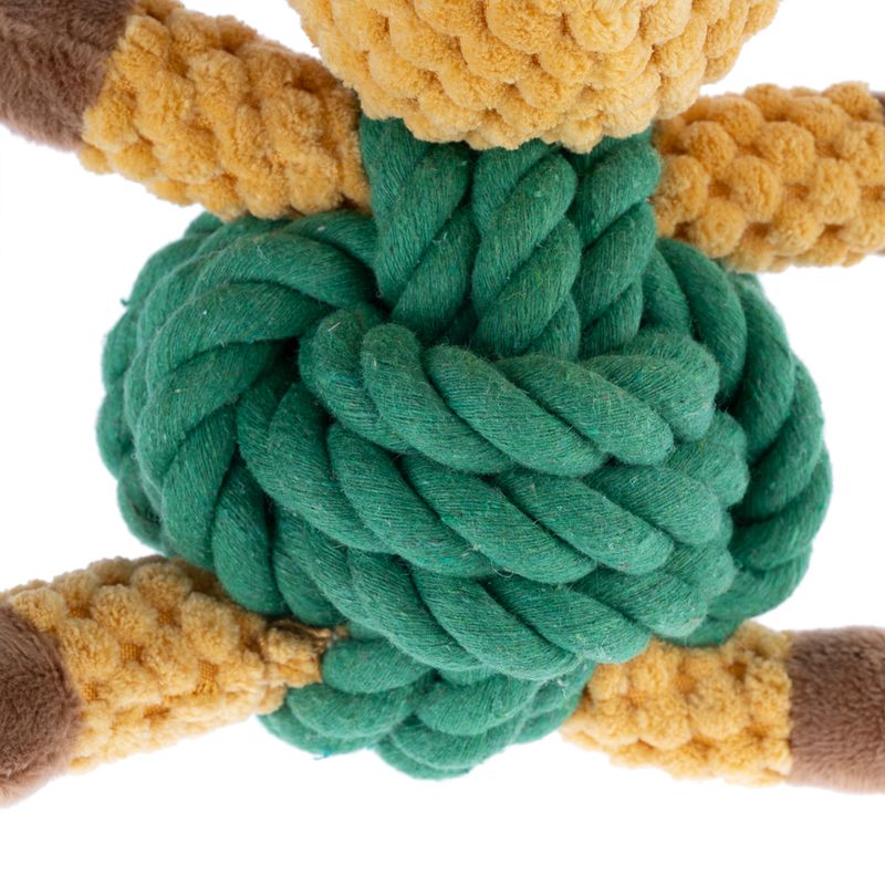 Toy made of green rope knot with yellow and brown plush details.