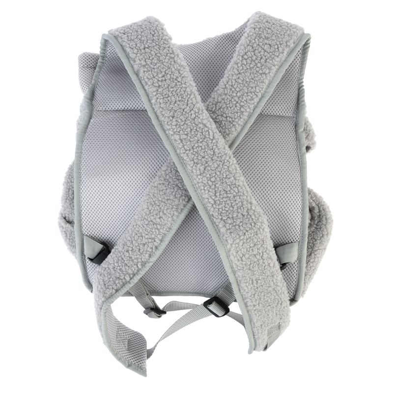 Grey pet carrier backpack with padded, crossed shoulder straps and adjustable buckles. Rear view of the design.