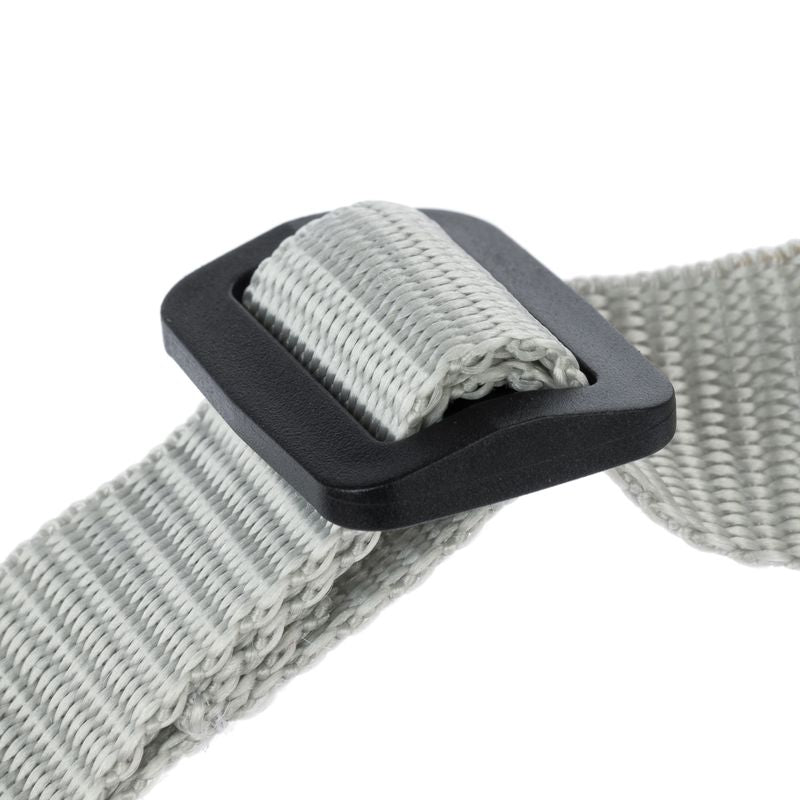 Close-up of a grey nylon strap with a black plastic buckle, suitable for fastening or adjustments.