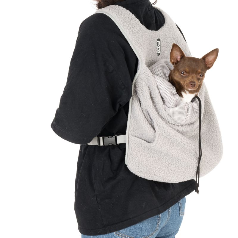 Grey pet backpack with soft fabric, worn by a person. Small dog sits securely in the bag. Adjustable straps visible.