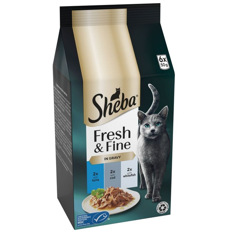Sheba Fresh & Fine in Gravy, 6 x 50g pouches: 2 with tuna, 2 with cod, 2 with whitefish. MSC certified sustainable seafood.