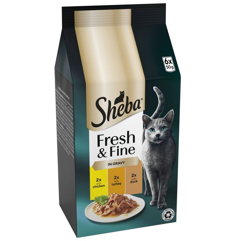 Sheba Fresh & Fine in Gravy, 6 x 50g pouches: 2 with chicken, 2 with turkey, 2 with duck. Plate of food shown on packaging.