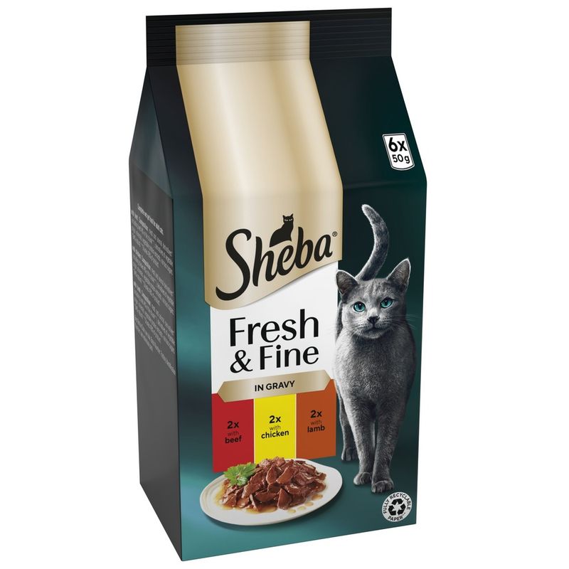Sheba Fresh & Fine in Gravy, 6 x 50g pouches: 2 with beef, 2 with chicken, 2 with lamb. Image shows product packaging and a plate of food.