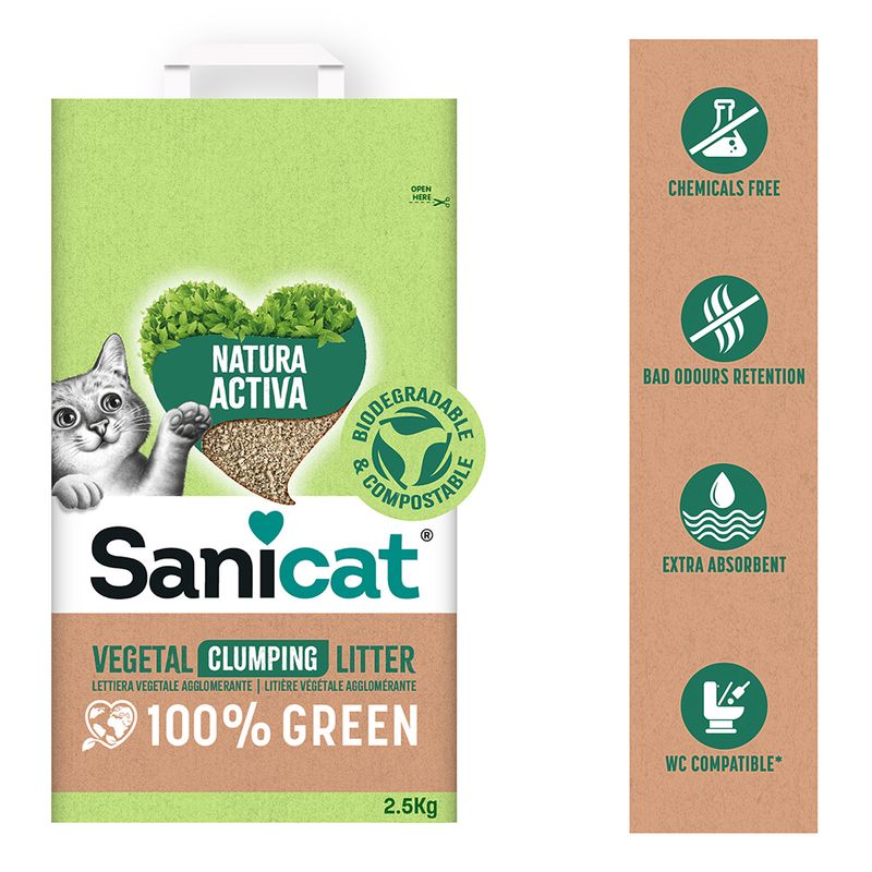 Sanicat Natura Active Vegetal Clumping Litter, 100% green, biodegradable and compostable. Features: chemical-free, odour-binding, extra absorbent, toilet-compatible.