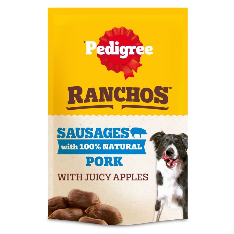 Sausages with 100% natural pork and juicy apples. Image shows product pieces and a dog beside the text.