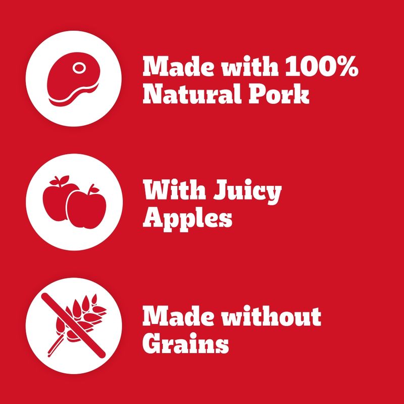 Made with 100% natural pork, with juicy apples, made without grains.