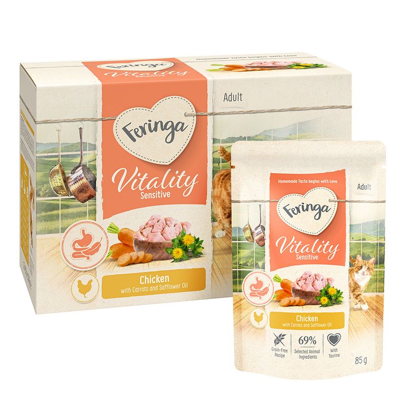 Feringa Vitality Sensitive Adult. Chicken with carrots and safflower oil, grain-free recipe, selected ingredients, with taurine. Pack 85g.