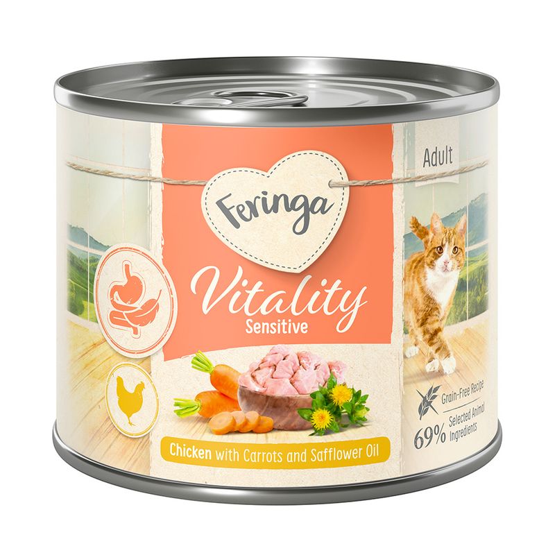 Feringa Vitality Sensitive Adult. Chicken with carrots and safflower oil, grain-free recipe, 69% selected animal ingredients. For sensitive cats.