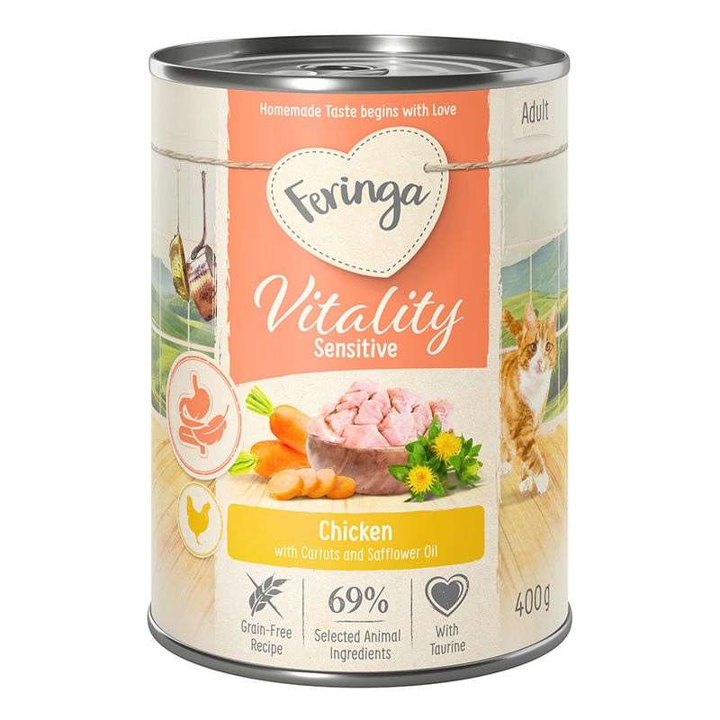 Feringa Vitality Sensitive Adult, chicken with carrots and safflower oil, grain-free recipe, 69% selected animal ingredients, with taurine, 400g can.