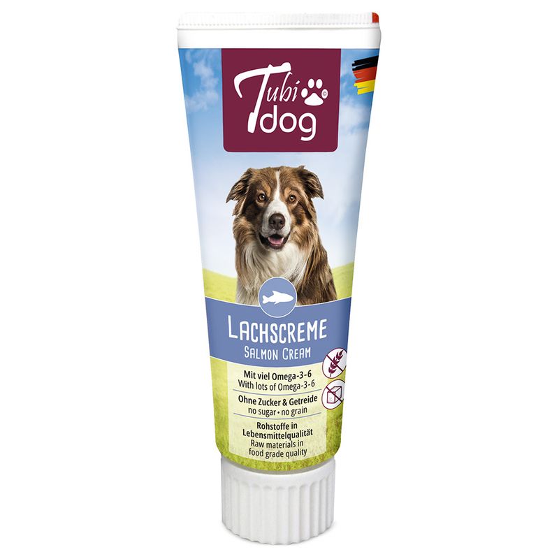 Tubi Dog salmon cream, high in omega-3 and 6, no sugar or grains, food-grade ingredients.