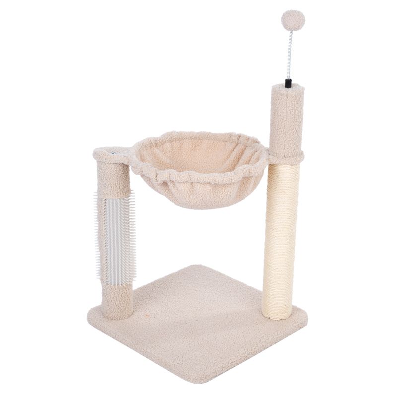 Cat tree with beige lying surface, sisal scratching post, brush and toy ball on spring.
