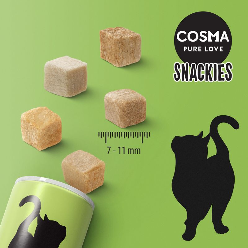 Cosma Snackies cubes shown with size guide indicating 7 to 11 mm, alongside product name and silhouette of a cat.