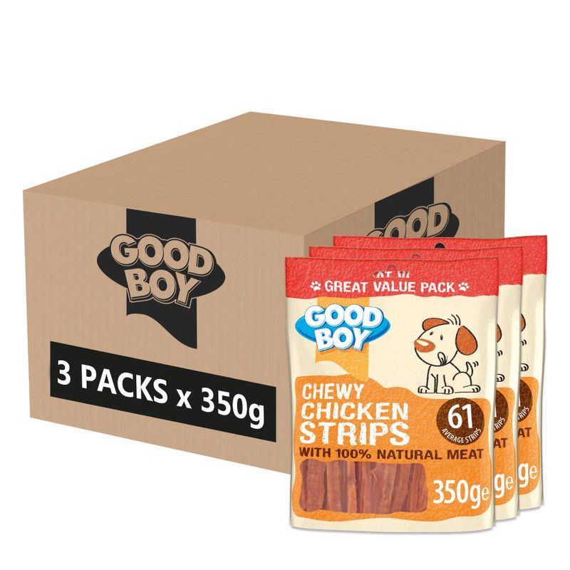 Three packs of Good Boy chewy chicken strips, each 350g, with 100% natural meat and 61 average strips per pack. Box shows '3 PACKS x 350g'.