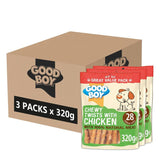 Three packs of chewy twists with chicken, each 320g, containing 28 sticks per pack and made with 100% natural meat. Box label shows 3 packs x 320g.