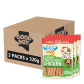 Three packs of chewy twists with chicken, each 320g, containing 28 sticks per pack and made with 100% natural meat. Box label shows 3 packs x 320g.