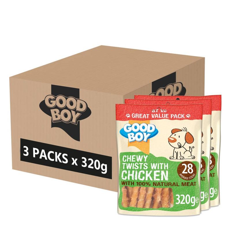 Three packs of chewy twists with chicken, each 320g, containing 28 sticks per pack and made with 100% natural meat. Box label shows 3 packs x 320g.