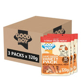 Box containing 3 packs of Good Boy chewy chicken variety pack, each 320g, with 35 average pieces per pack and made with 100% natural meat.