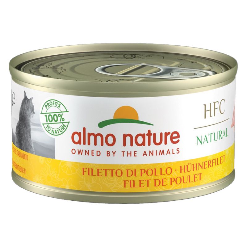Almo Nature HFC Natural, chicken fillet in can, 100% profits to nature, suitable for cats. Text on packaging: Filetto di Pollo, Hühnerfilet, Filet de Poulet.