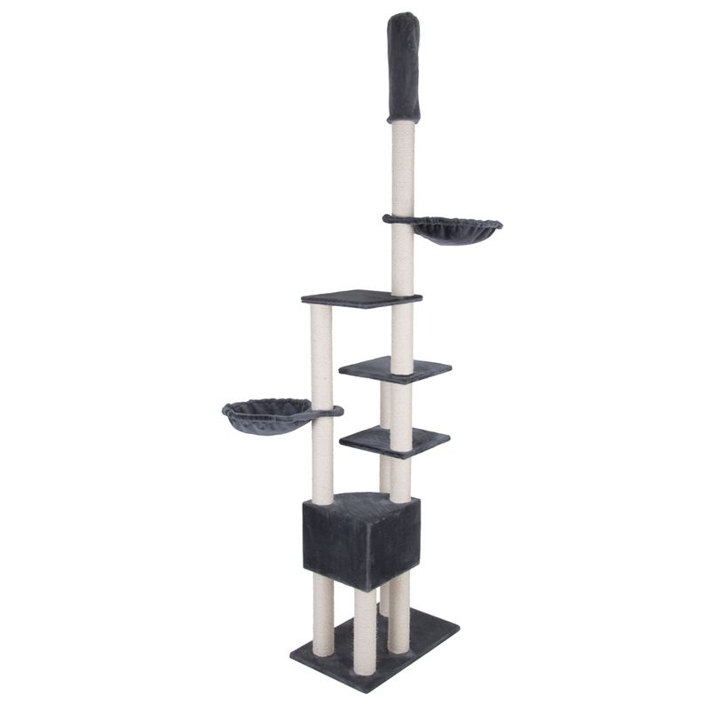 Multi-level scratching post with several platforms, two hammock-style beds, a cubed hideaway, and tall sisal-wrapped posts for climbing and scratching.