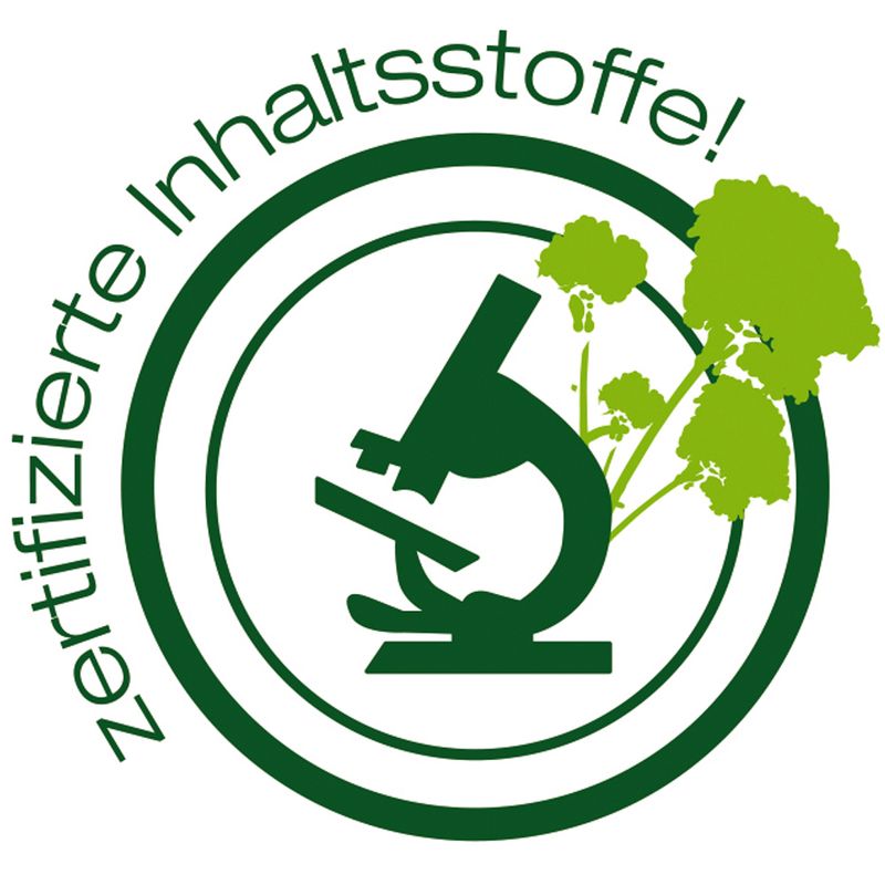 Certified ingredients! Green microscope icon with plant motif.