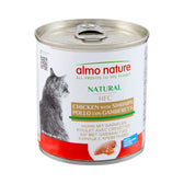 Tin labelled 'almo nature Natural HFC Chicken with Shrimps' in multiple languages, shows a cat image and states 'with hydrating broth' and 'no gluten recipe'.