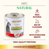 Chicken with shrimps in hydrating broth, 100% natural, mix of flavours, high-quality proteins. Product shown: can labelled 'almo nature HFC Natural Chicken with Shrimps'.