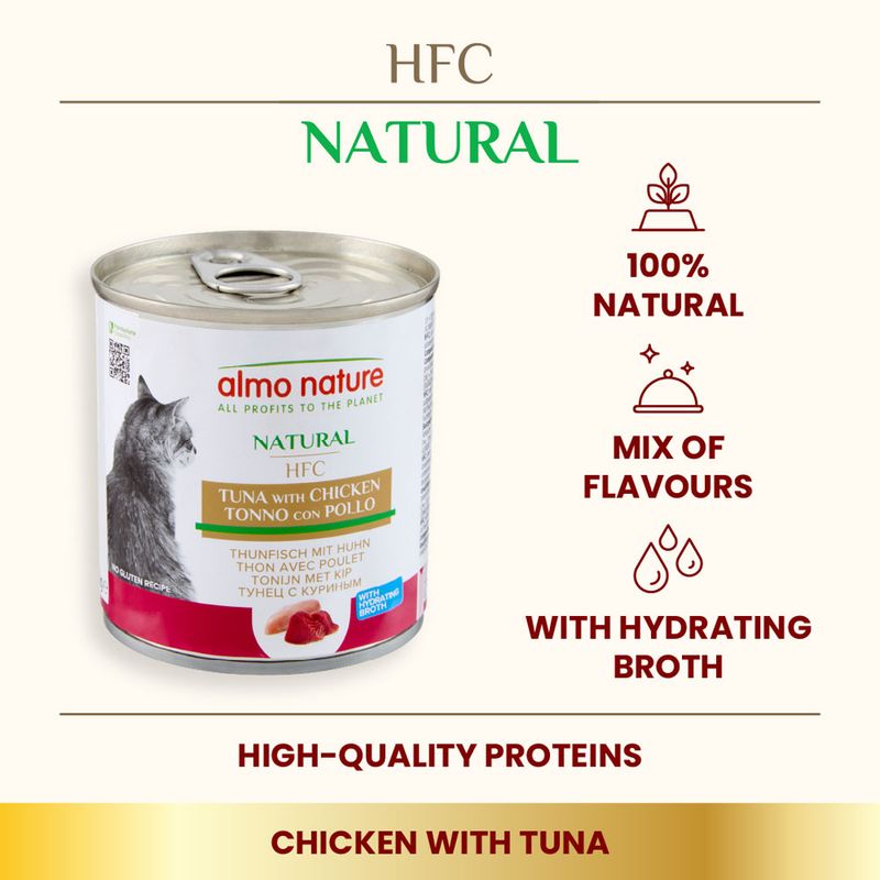 Tuna with chicken in hydrating broth, 100% natural, mix of flavours, high-quality proteins. Product shown: Almo Nature HFC Natural Tuna with Chicken.