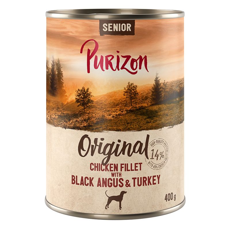 Purizon Senior Original, Chicken Fillet with Black Angus & Turkey, 14% protein, 400g can.