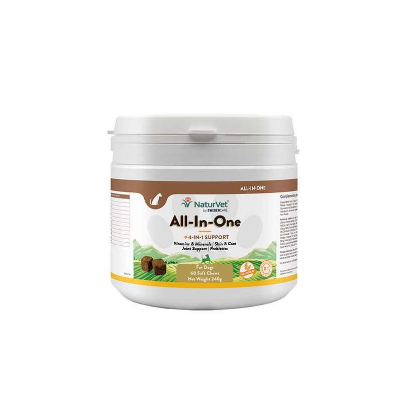 NaturVet All-In-One, 4-in-1 support: vitamins & minerals, skin & coat, joint support, prebiotics. For dogs, 60 soft chews, net weight 240g.
