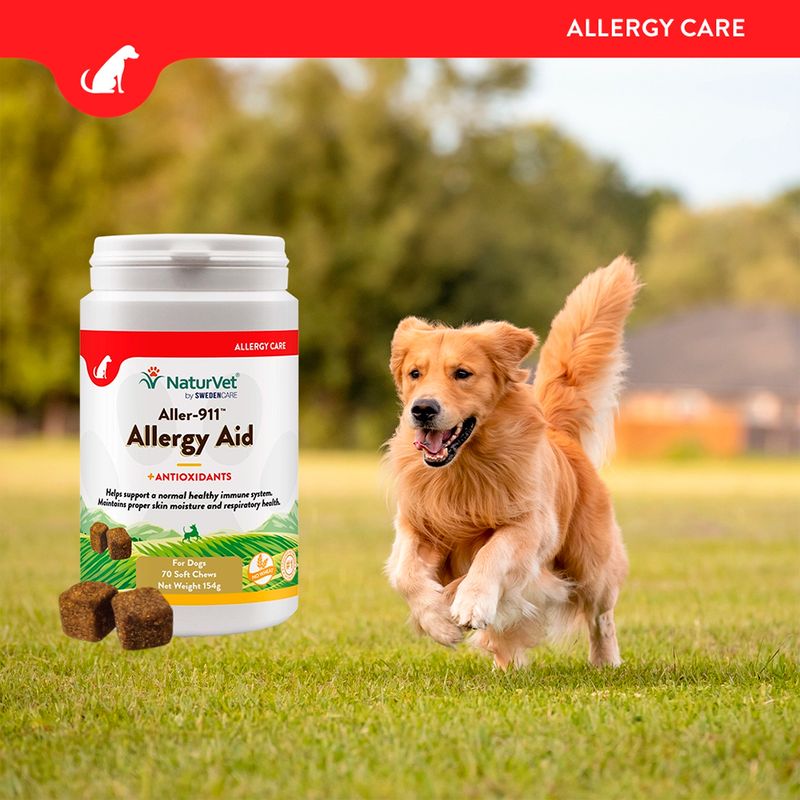 NaturVet Aller-911 Allergy Aid for dogs, 70 soft chews, 154g. Supports immune system, skin moisture and respiratory health. With antioxidants.