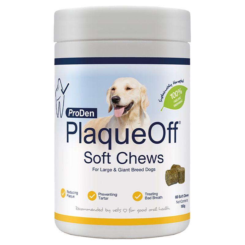 ProDen PlaqueOff Soft Chews for large and giant dog breeds, 100% naturally harvested seaweed, reduces plaque, prevents tartar, treats bad breath. 60 pieces, 180g.