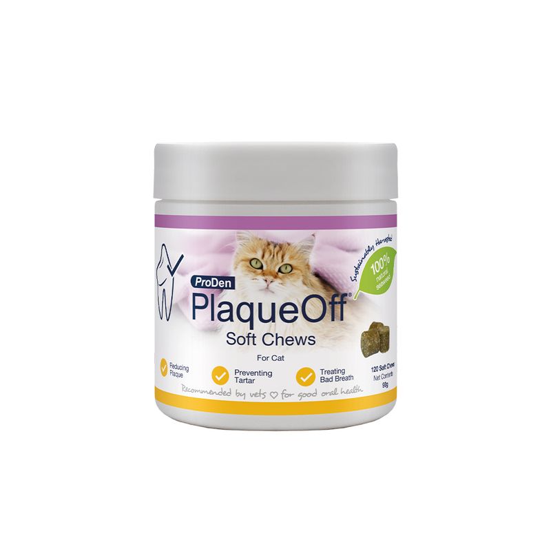 ProDen PlaqueOff Soft Chews for cats, reduces plaque, prevents tartar, treats bad breath, 100% natural ingredients, recommended by veterinarians, 120 soft chews, 60g.