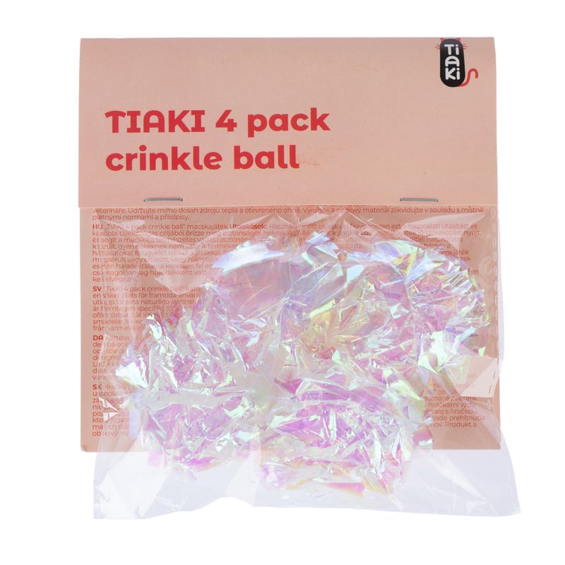 TIAKI 4 pack crinkle ball, packaging with transparent, shiny balls visible. Product name and brand TIAKI on the packaging.