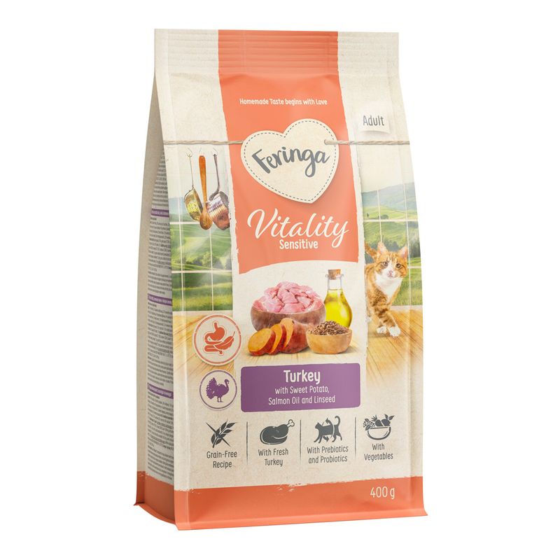 Feringa Vitality Sensitive Adult, turkey with sweet potato, salmon oil and linseed. Grain-free, fresh turkey, with prebiotics and probiotics, with vegetables. Pack size: 400g.