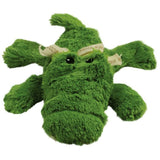Green plush toy shaped like an animal with multiple limbs and stitched eyes, suitable for play or cuddling. Fabric tags are attached to the limbs.