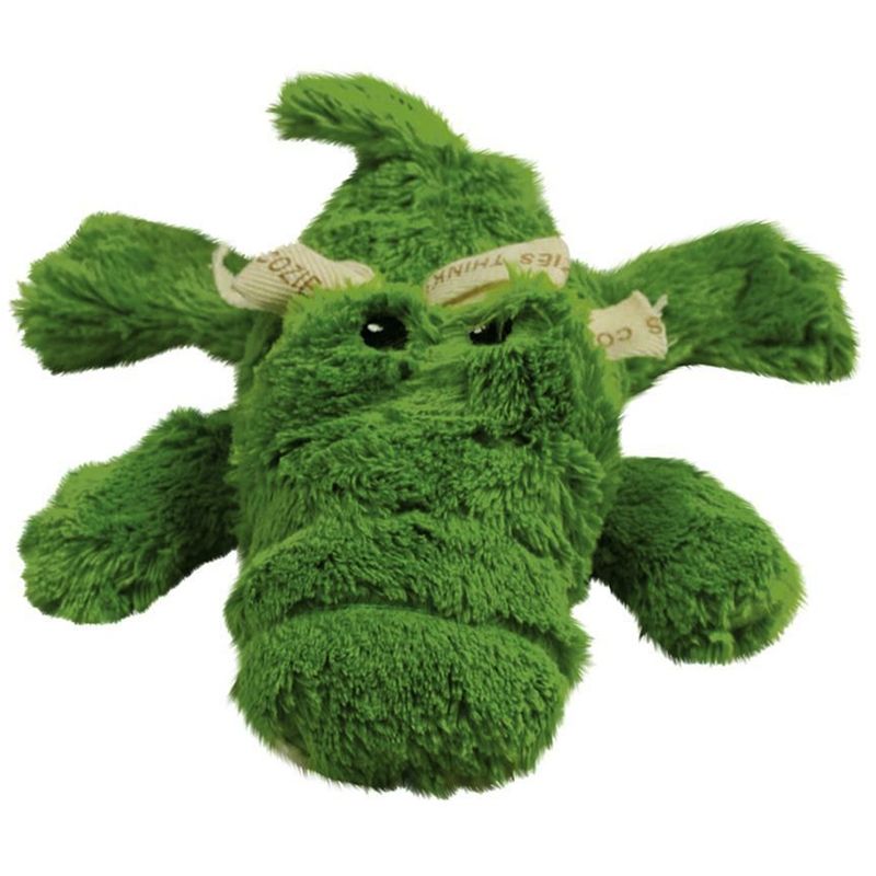 Green plush toy shaped like an animal with multiple limbs and stitched eyes, suitable for play or cuddling. Fabric tags are attached to the limbs.