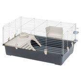 Wire cage with plastic base, raised platform with ramp, food bowl, water bottle and hay rack attached to the side. Suitable for small animals.