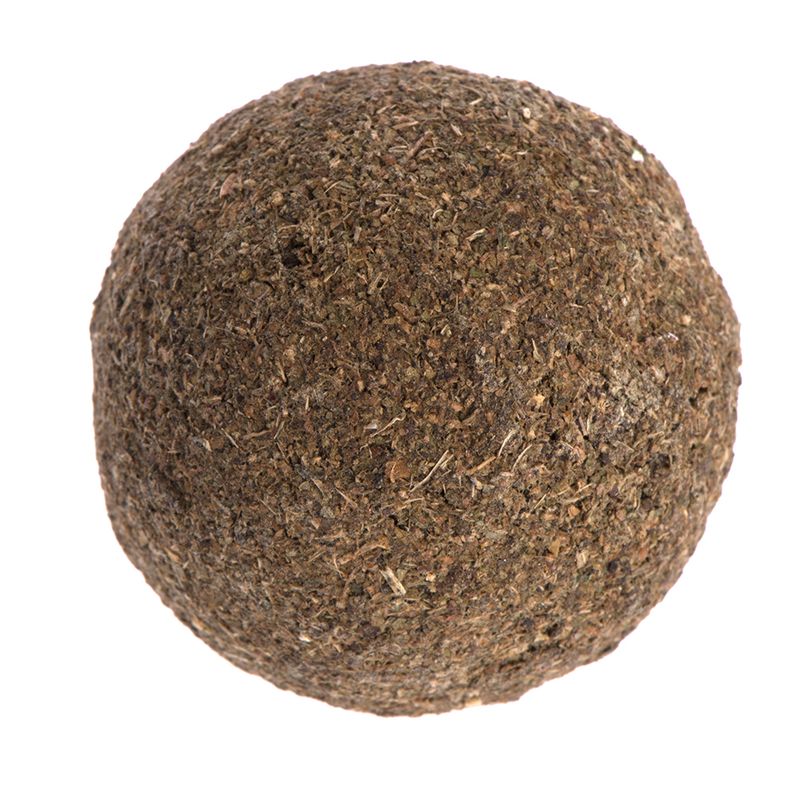 Round ball made of pressed hay and herbs, suitable as a snack or activity for animals.