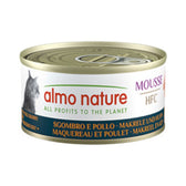 Almo Nature Mousse HFC, mackerel and chicken, can with label 'All profits to the planet'.
