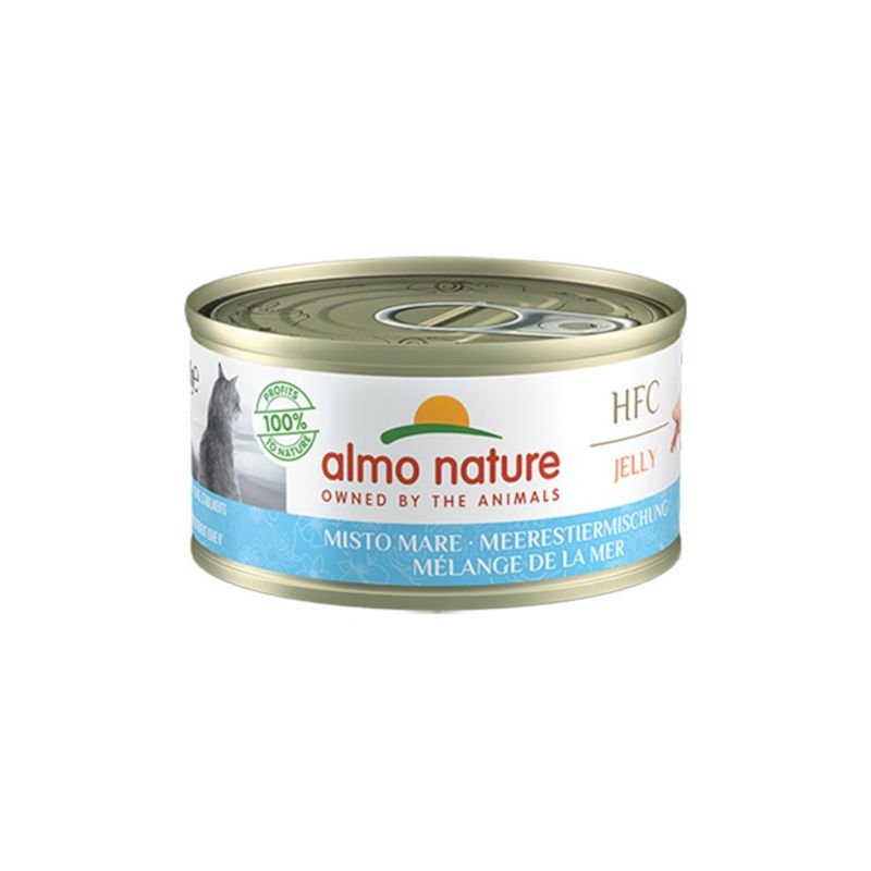 Almo Nature HFC Jelly, Misto Mare - seafood mix. 100% natural ingredients, tin with cat design.