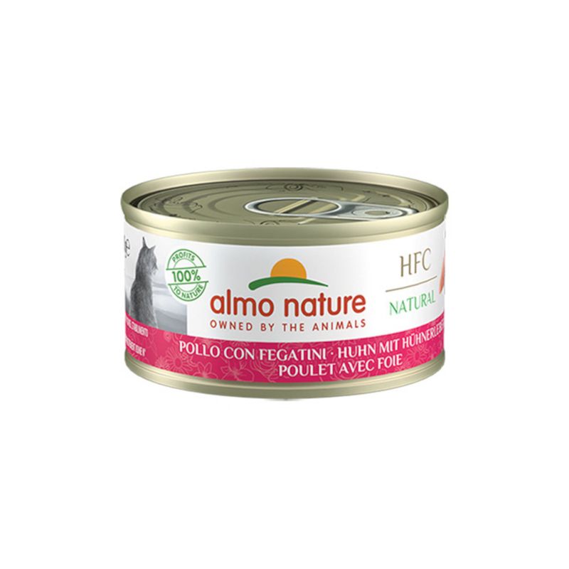 Almo Nature HFC Natural, chicken with chicken liver, 100% Profits to Nature, can for cat food.