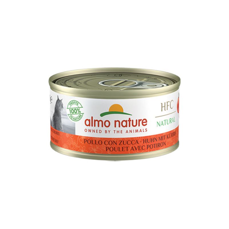 Almo Nature HFC Natural, chicken with pumpkin, 100% natural ingredients, tin with cat design.