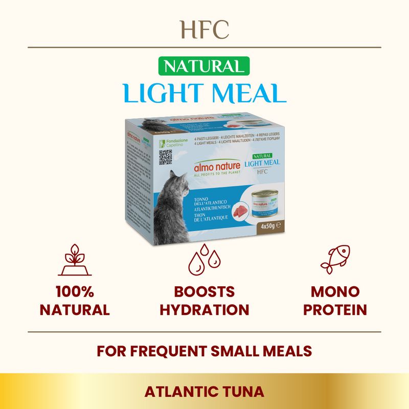 Almo Nature HFC Natural Light Meal Atlantic Tuna, 100% natural, boosts hydration, mono protein, for frequent small meals. Image shows product box and can with tuna illustration.