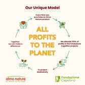 All profits to the planet: every purchase supports Fondazione Capellino projects, protecting biodiversity and making a difference. Almo Nature and Fondazione Capellino mentioned.