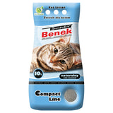 Bag labelled cat litter, 10 litres, non-scented, Compact Line. Text includes 'super Benek' and 'naturalny'. Image shows granules and a cat photo on the packaging.