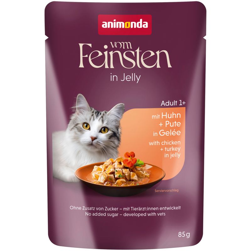 animonda vom Feinsten in Jelly Adult 1+ with chicken and turkey in jelly, no added sugar, developed with veterinarians, 85g