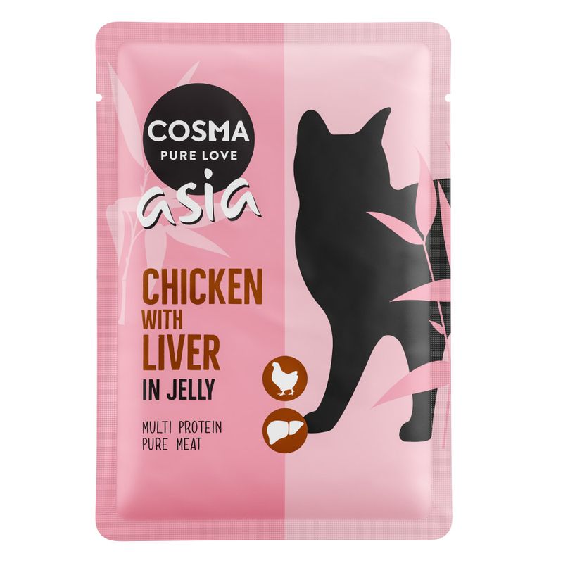 Cosma Asia. Chicken with liver in jelly. Multi protein, pure meat. Packaging with cat silhouette and icons for chicken and liver.